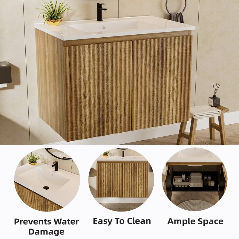 30″ Foldable Bathroom Cabinet With Sink, Oak