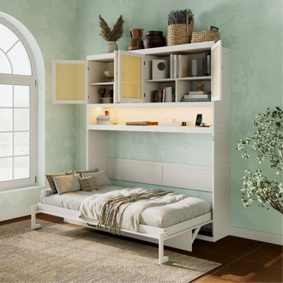 Lit escamotable Murphy avec armoire supérieure, lit pliable peu encombrant avec DEL intégrée, USB