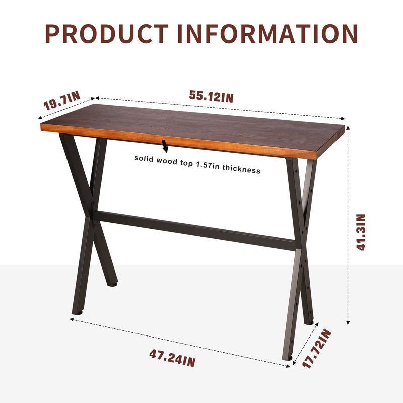 Bar Table, 55.12"L×41.3"H Bar Height Pub Table High Top Rectangular Sofa Console Table Kitchen Dining Coffee Table, For Narrow Space, Living Room, Indoor, Rustic Brown Wood, Industrial Black Metal