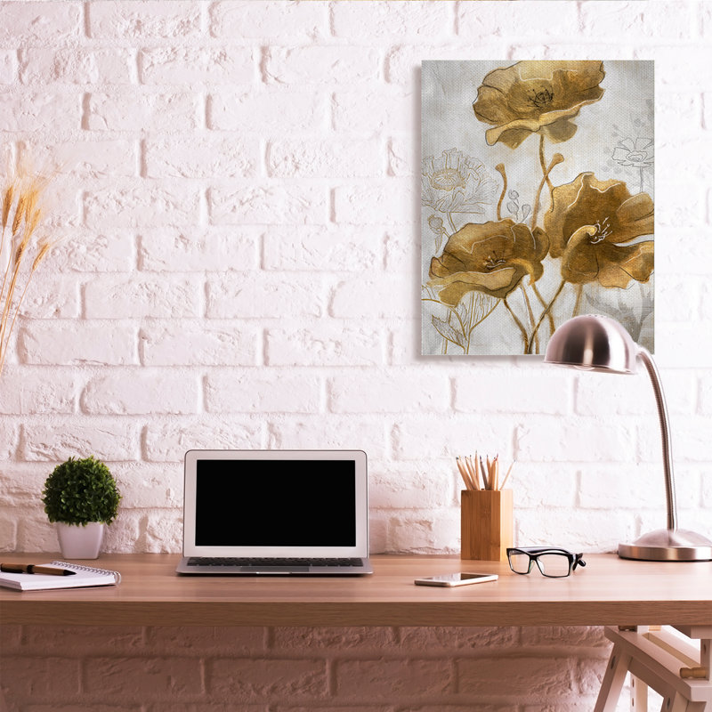 Champ de fleurs abstrait coquelicots argent et or, Estampe numérique Farmhouse, H 30 po x l 24 po