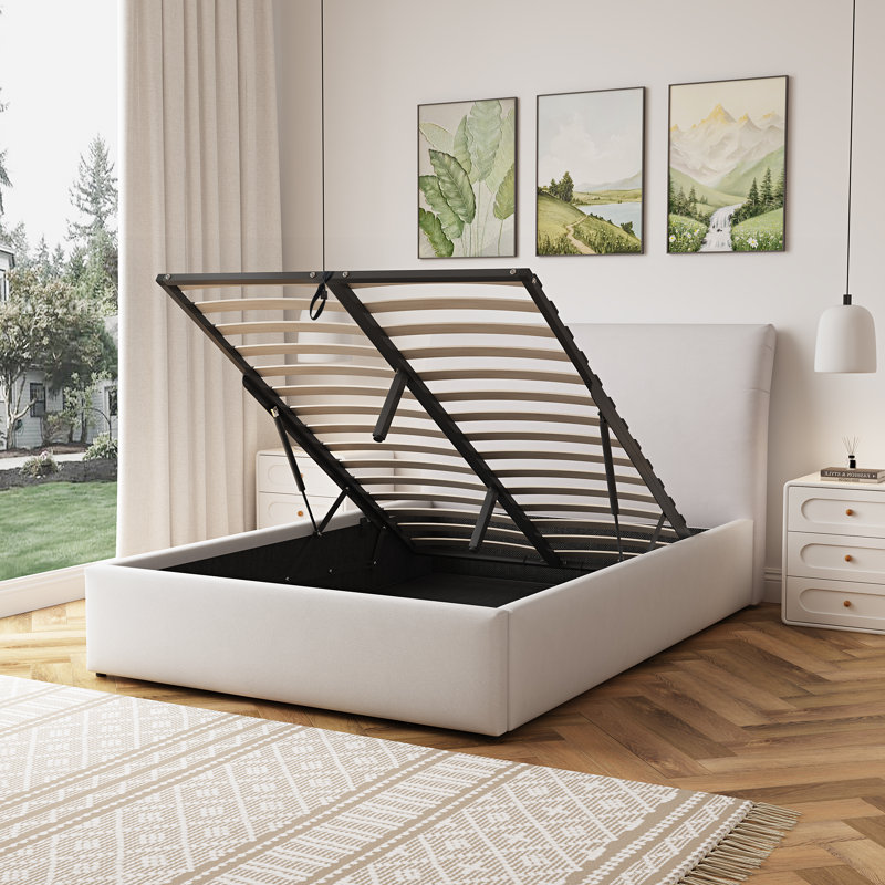 Upholstered Ottoman Storage Bed, Double (4'6), Beige
