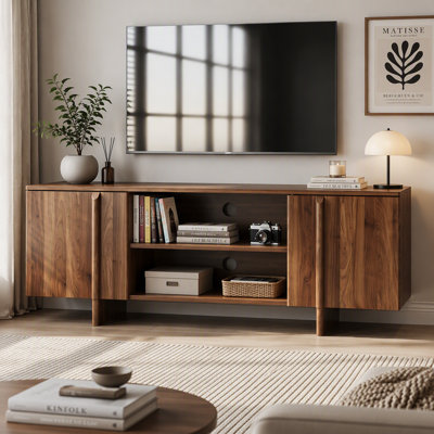 55-Inch Mid-Century Modern Farmhouse TV Stand Cabinet with Cable Management, Double Doors & Open Shelving (Fits TVs up to 48 Inches)