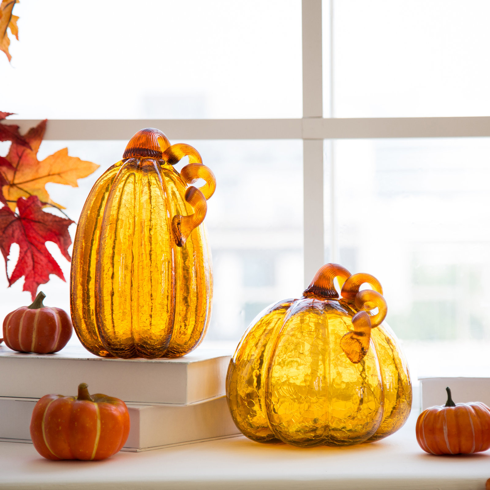 2 Piece Crackle Glass Pumpkin Set, 6.69" H x 7.48" W x 7.87" D, Yellow