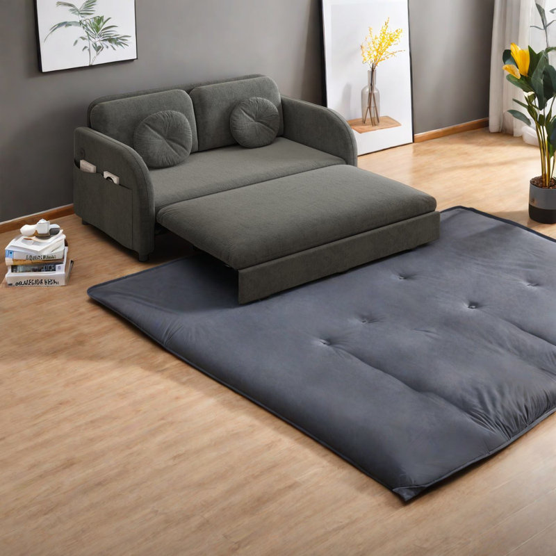 Canapé-lit compact en chenille avec usb, gris moderne et multifonctionnel