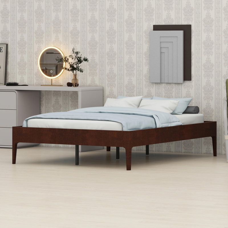 All-in-One Low Profile Bed Base Featuring Durable Wood Slats and Sturdy Metal Bracing, Simple Setup Design, Chocolate