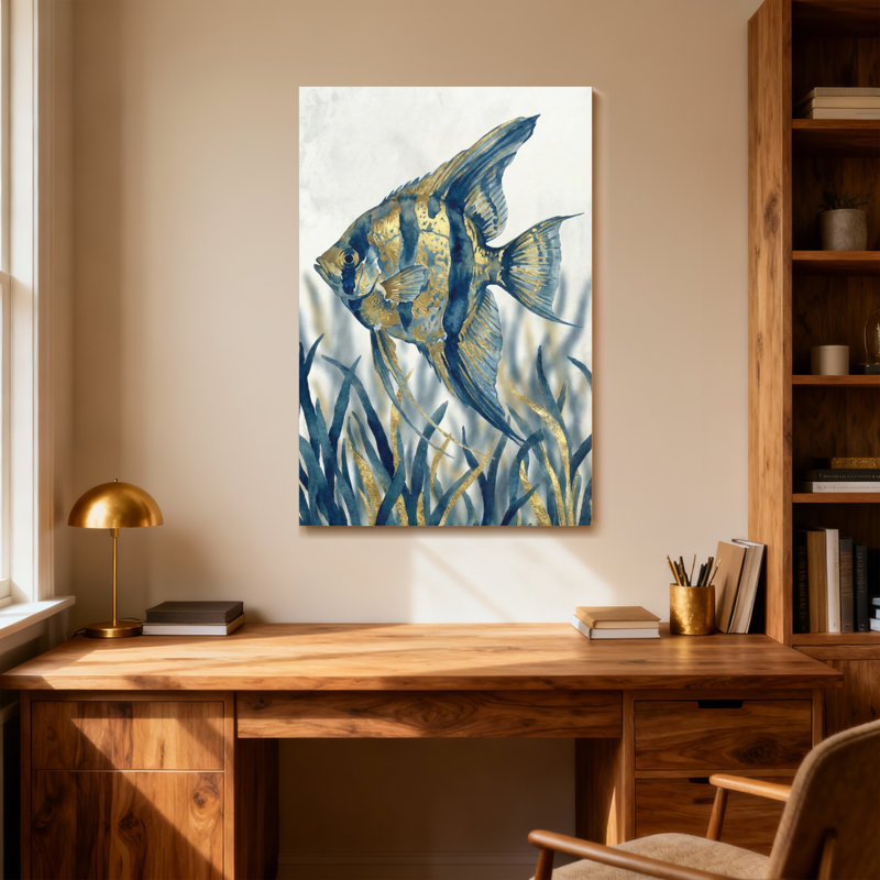 Animaux, aquarelle d'angelfish bleu et doré, H 12 po x l 18 po
