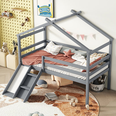Twin Low Loft House Bed With Slide, Ladder, Safety Guardrails