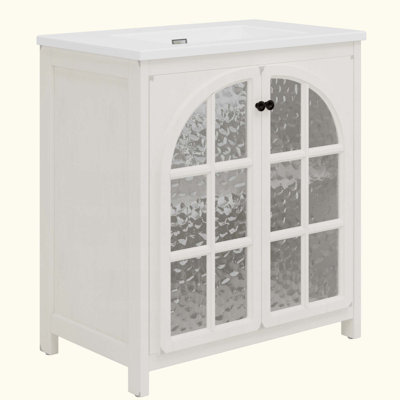 Meuble-lavabo Farmhouse avec lavabo en céramique, finition vieillie, armoire de salle de bain rustique rétro avec poignées en bronze et 2 portes à fermeture en douceur
