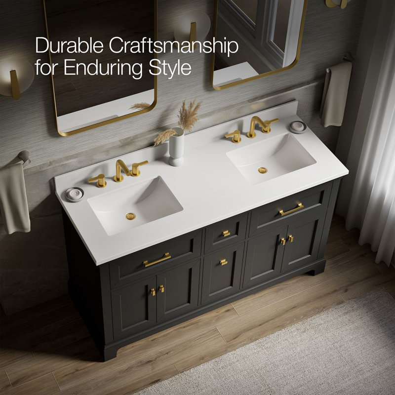 Charlemont 60 In. Bathroom Vanity Cabinet With Sinks And Quartz Top, Dark Warm Grey