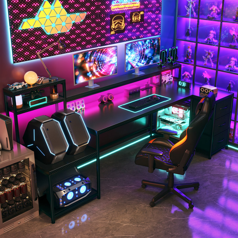 71"w Led L-shaped Computer Desk,gaming Desk With Power Outlet,home Office Desk With Monitor Stand, Black