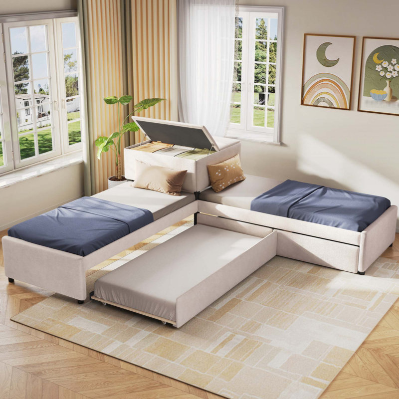 Lit plateforme tapissier en L avec lit gigogne et deux tiroirs reliés par un bureau intégré, Beige