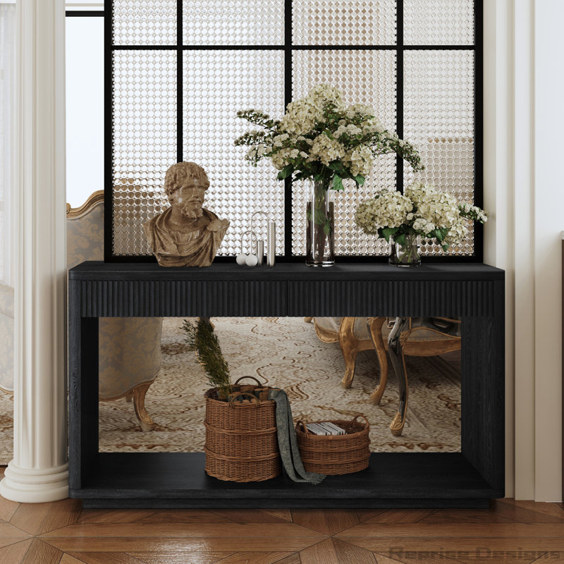60 Inch Modern 2-Drawer Fluted Console Table With Natural Wood Veneer For Living Room, Hallway, Entryway, Home Office, Black