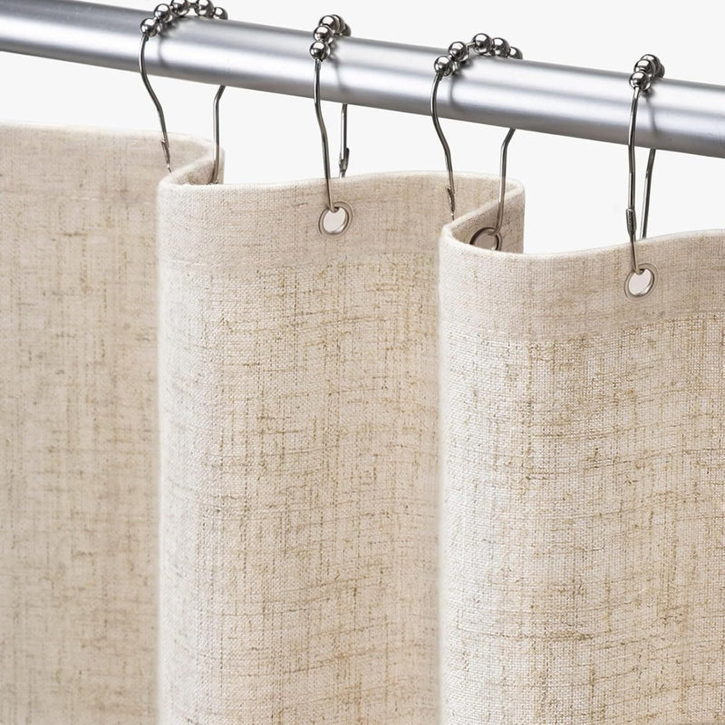 Beige Linen Shower Curtain, 180 x 180 cm Farmhouse Boho Neutral Bathroom Decor Bath Curtain with 12 Hooks