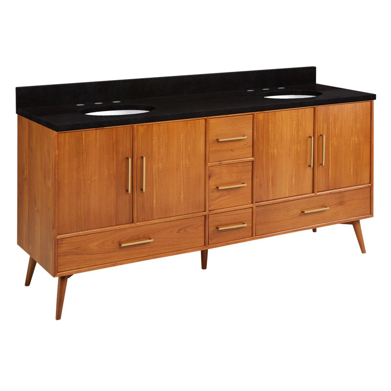 72" Novak Double Bathroom Vanity Set with Oval Undermount Sinks, Natural Teak, 8" Widespread, Carrara Marble
