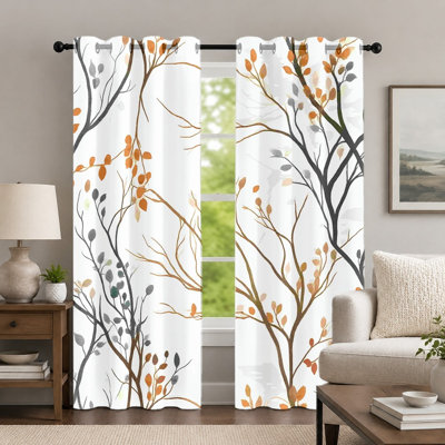 2Pcs Orange and Grey Tree Branch Print Curtains, Botanical Style Curtain, Modern Minimalist Nature Patterned Art Grommet Drapes, Window Treatment for Bedroom Living Room Decor