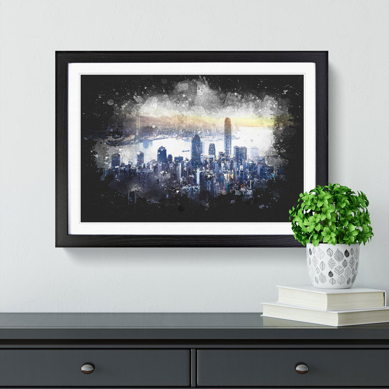Hong Kong Skyline in China - Picture Frame Graphic Art Print, 33cm H x 45cm W x 2cm D, Black Framed