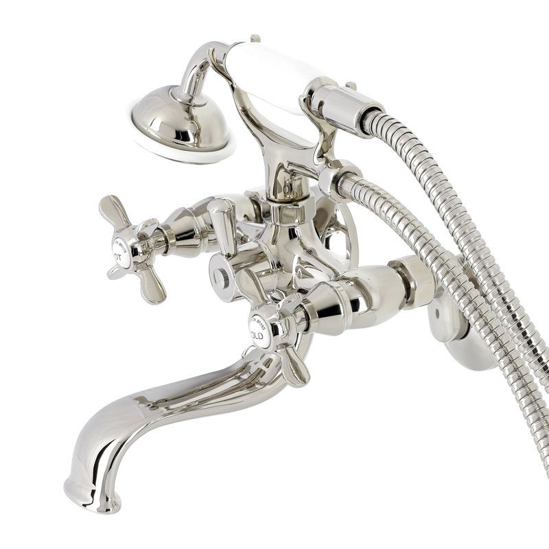 Kingston Brass Essex Three-Handle 2-Hole Tub Wall Mount Clawfoot Tub Faucet with Handshower, Polished Nickel
