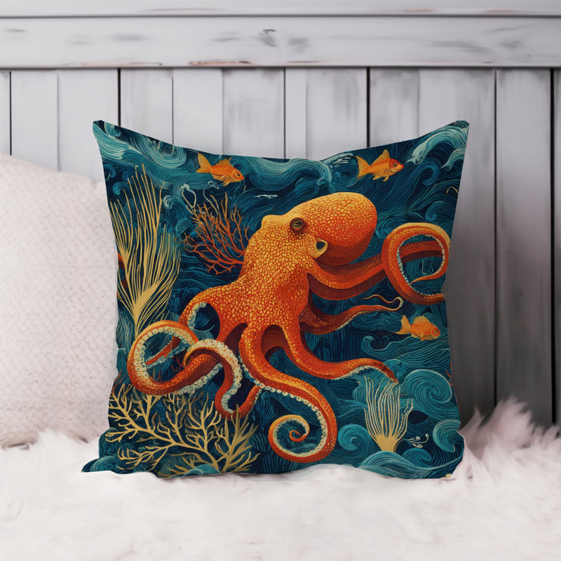 Housse de coussin Beach and Coastal Octopus, Carré 16 po, Green/Red Nautical/Beach 2