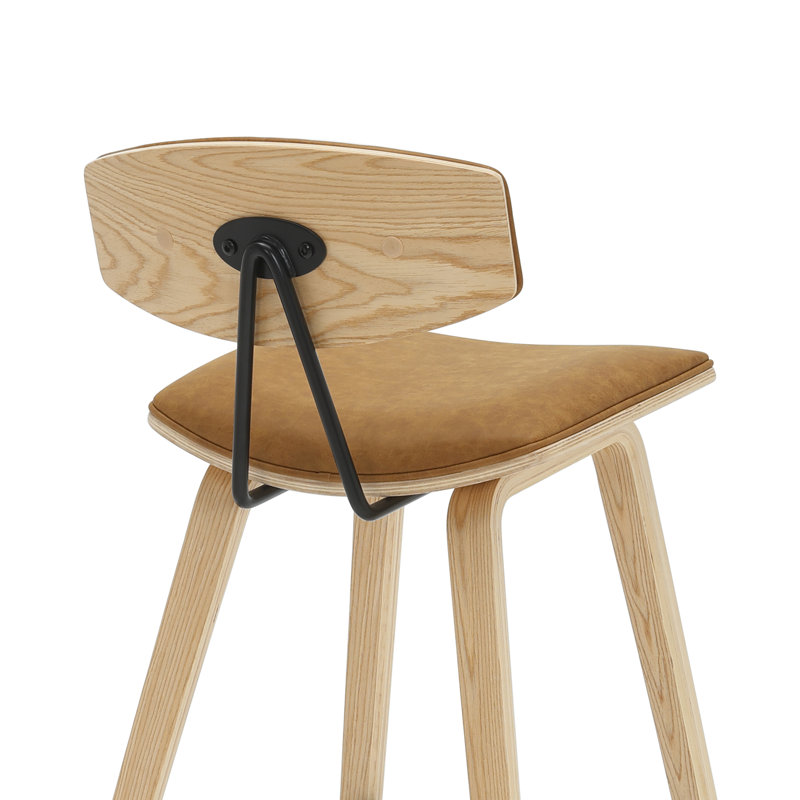 Whiddon 38 In. H Bar Height Camel Curved Back Wood Bar Stool With Faux Leather Seat, Camel, 38"