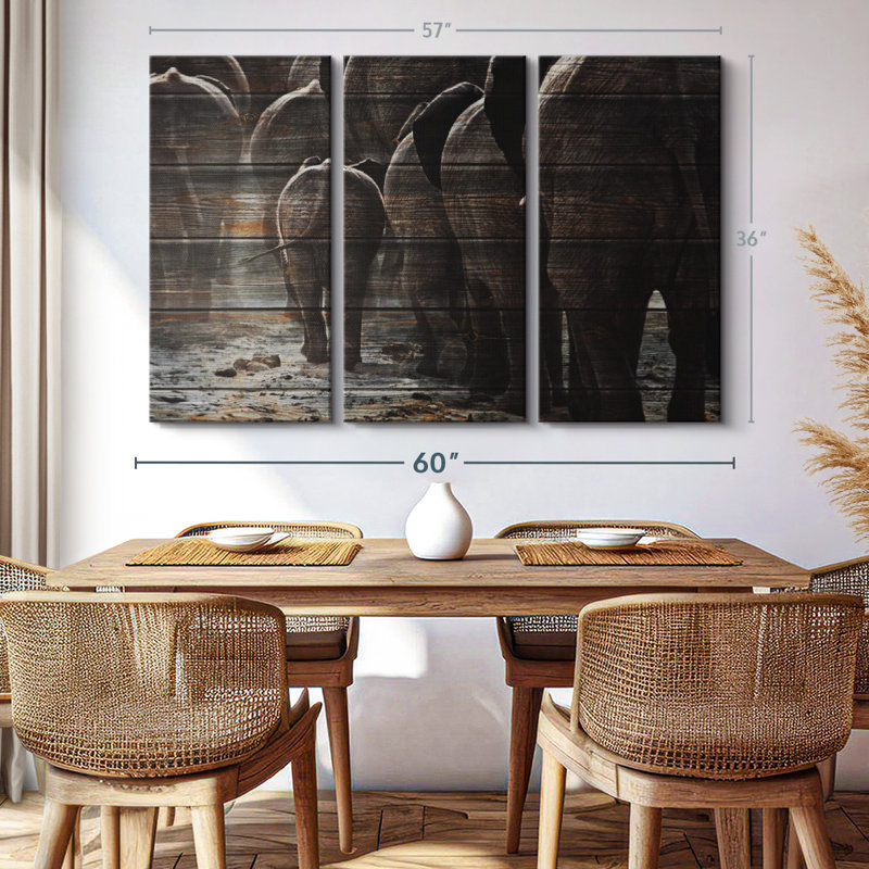 «Wooden Textured Elephants» sur toile, H 36 po x l 57 po x P 1,25 po