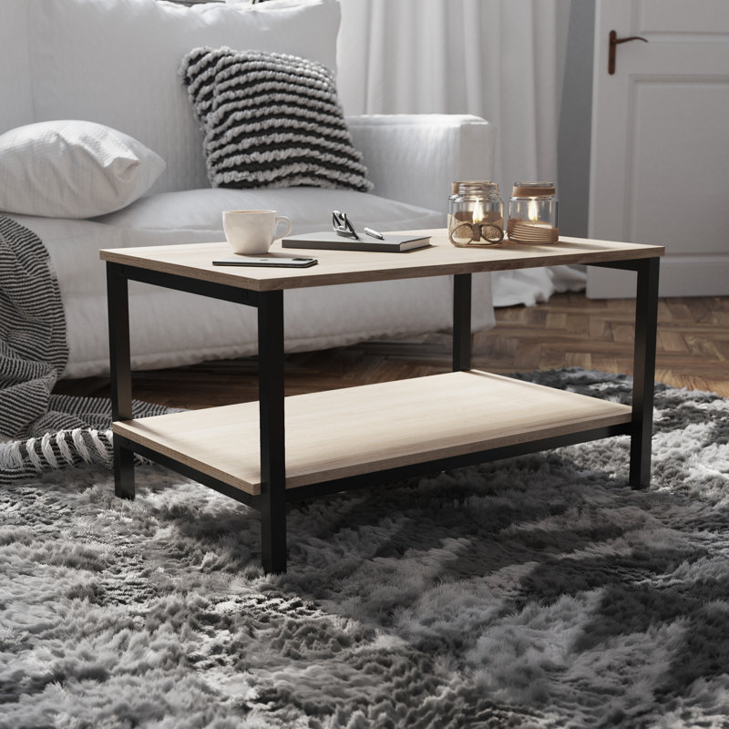 Driftwood and Black Metal Rectangular Coffee Table with Shelf