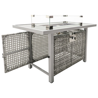 60000 43" Open Weave Grey Propane Gas Fire Pit Table, With Bohemian Design, Removable Lid, And Glass Wind Guard For Garden Fun Rectangular , Blue Stones, Tempered Guard, 20Lbs Storage Outdoor