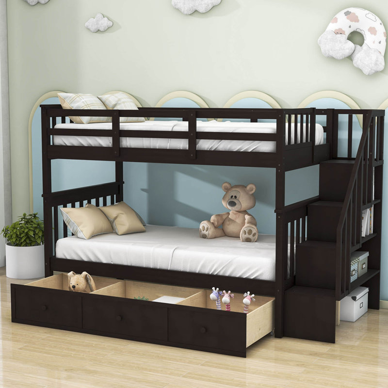 3 Drawers Wood Standard Bunk Bed, Espresso, Twin Over Twin