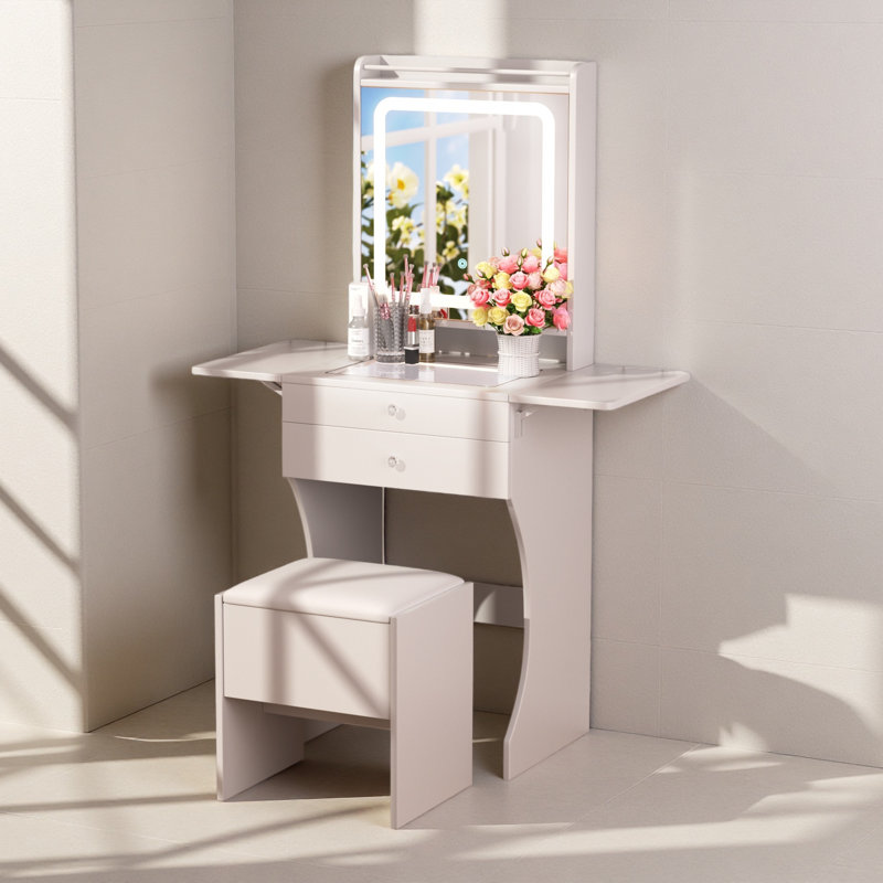 Vanity Set For Small Bedrooms - Small Space Makeup Vanity With Stool, Compartmentalized Drawers