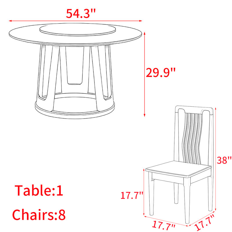 Ensemble de table à manger en bois massif de style français, H 29,9 po x L 54,3 po x l 54,3 po