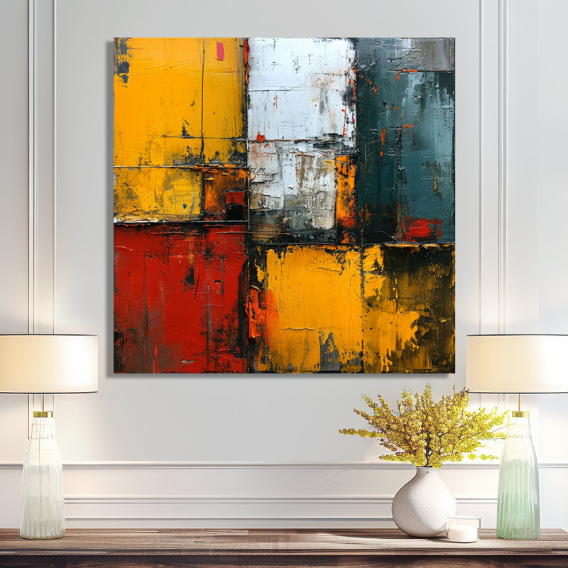 Cubiste, tranquillité, jaune, rouge, bleu, abstrait, art mural, Toile tendue, H 16 po x l 16 po x P 1 po
