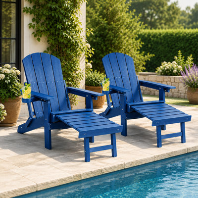 Chaise Adirondack pliante avec repose-pieds Hdpe Adirondack avec porte-gobelets et fente pour téléphone, bleu (ensemble de 2)