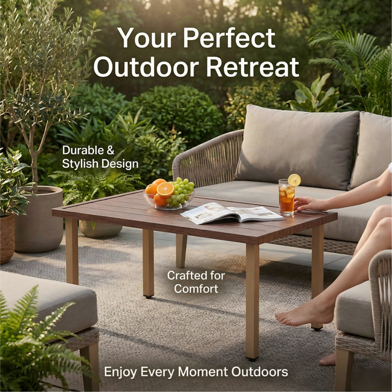 Melvarn Outdoor Patio Steel 37.4" Rectangular Coffee Table with Wood-Look Grain Top