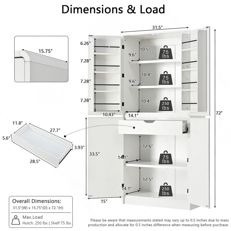 Armoire de cuisine avec tablettes, armoire de rangement décorative avec 3 tablettes réglables, un tiroir caché, Blanc