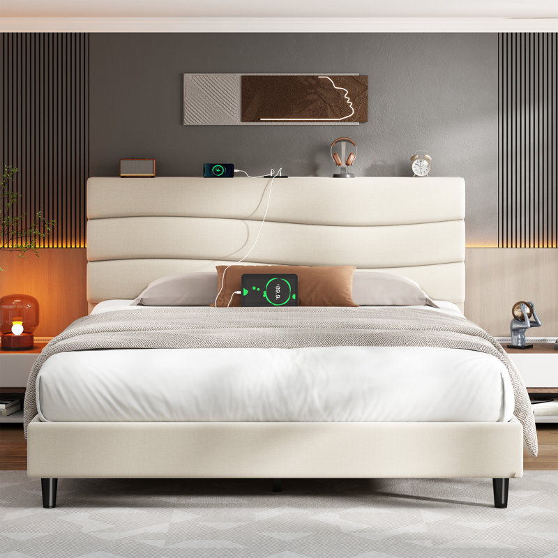 Upholstered Storage Bed with Charging Station, Queen, Beige