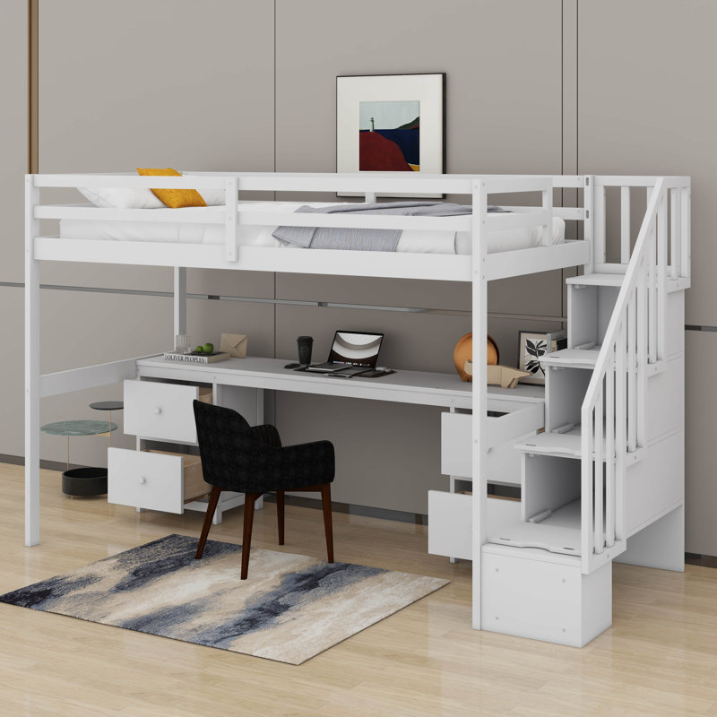 Lit mezzanine simple avec bureau et tiroirs, Blanc