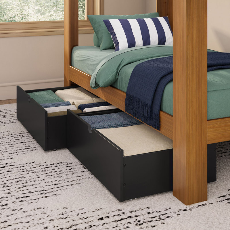 Mid-Century Modern Twin Over Twin Bunk Bed w/ Storage Drawers, Pecan/Black, Pecan/Black