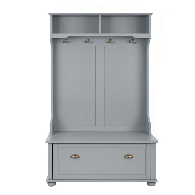 Classic Cosatal Style Hall Tree Entryway Bench With Open Shelves And Shoe Cabinets,Solid Wood Feet
