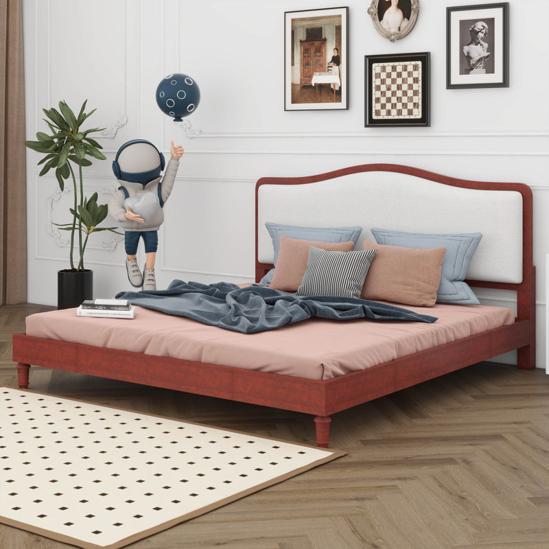 Lit plateforme avec tête de lit tapissier, pieds rétro en bois massif, Très grand, Espresso