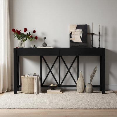 60''Acacia Veneer Console Table With 4 Spacious Drawers, Modern Crisscross Design Entryway Table With Open Bottom Storage,Farmhouse Sofa Table For Living Room