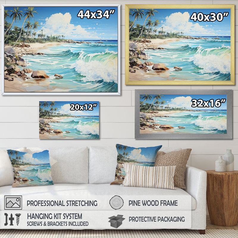 Bleu tropical Serenity II - imprimé, H 16 po x l 32 po x P 1 po, Cadre simple noir