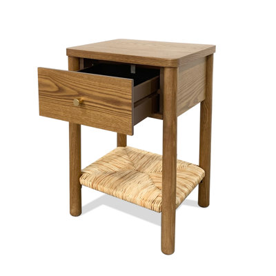 Walnut Brown Nightstand End Table, Solid Pine Wood Side Table with Rounded Tabletop, Storage Drawer and Hand‑Woven Jute Lower Shelf for Bedroom and Living Room Decor