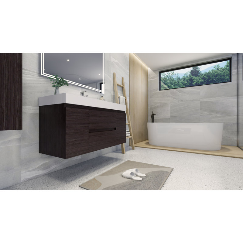 Ensemble de meuble-lavabo de salle de bain simple fixé au mur 47 po Leni, Chêne gris foncé