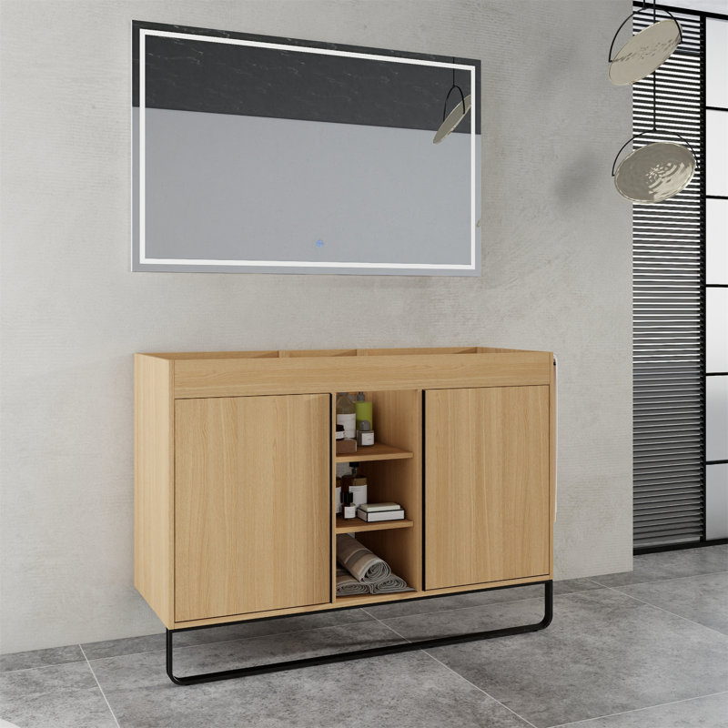 Armoire de salle de bain autoportante 48 po - 2 portes à fermeture en douceur, 3 supports de rangement ouverts, emballage Kd (meuble-lavabo seulement, sans lavabo)