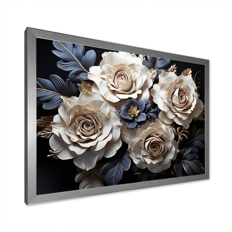 «Gray and Gold Rose Passion I», reproduction sur toile, Cadre simple argenté, H 24 po x l 32 po x P 1 po