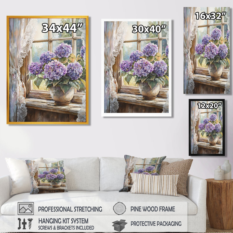 «Hydrangeas By The Farmhouse Window II - Hydrangea», reproduction sur toile, H 32 po x l 24 po, Crème, crème