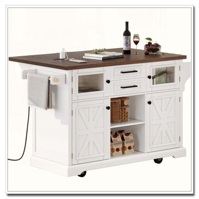 54.9" Farmhouse Kitchen Island with Cross Barn Doors & Power Outlet