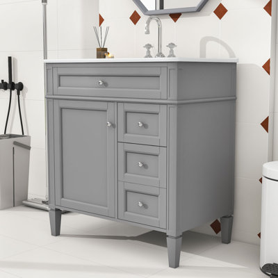 Armoire de salle de bain simple autoportante moderne avec lavabo et rangement en céramique Emmalouise