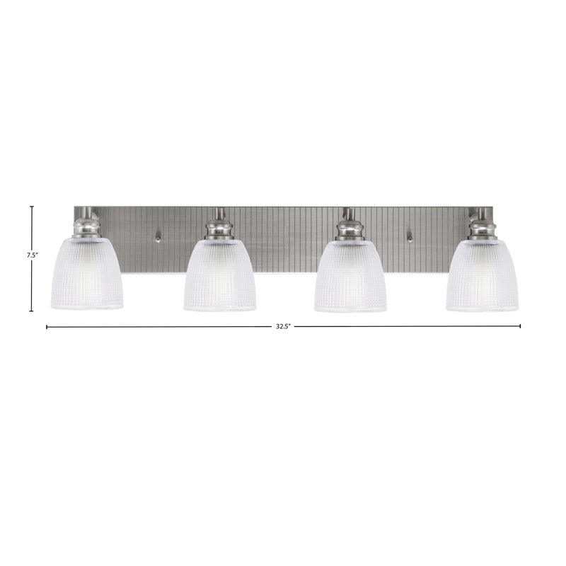 Edge 4 Light Bath Bar Shown With 5" Clear Ribbed Glass, Brushed Nickel