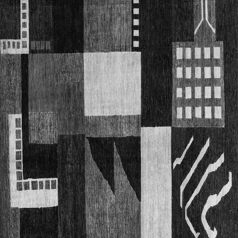 Tapis gris / noir en laine et polyester à tissage machine abstrait, Carré 8 pi