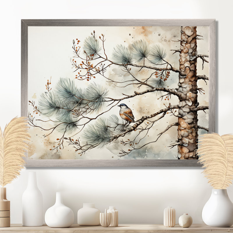 Décoration murale oiseau sur pin II, H 30 po x l 40 po x P 1,5 po, Cadre simple argenté